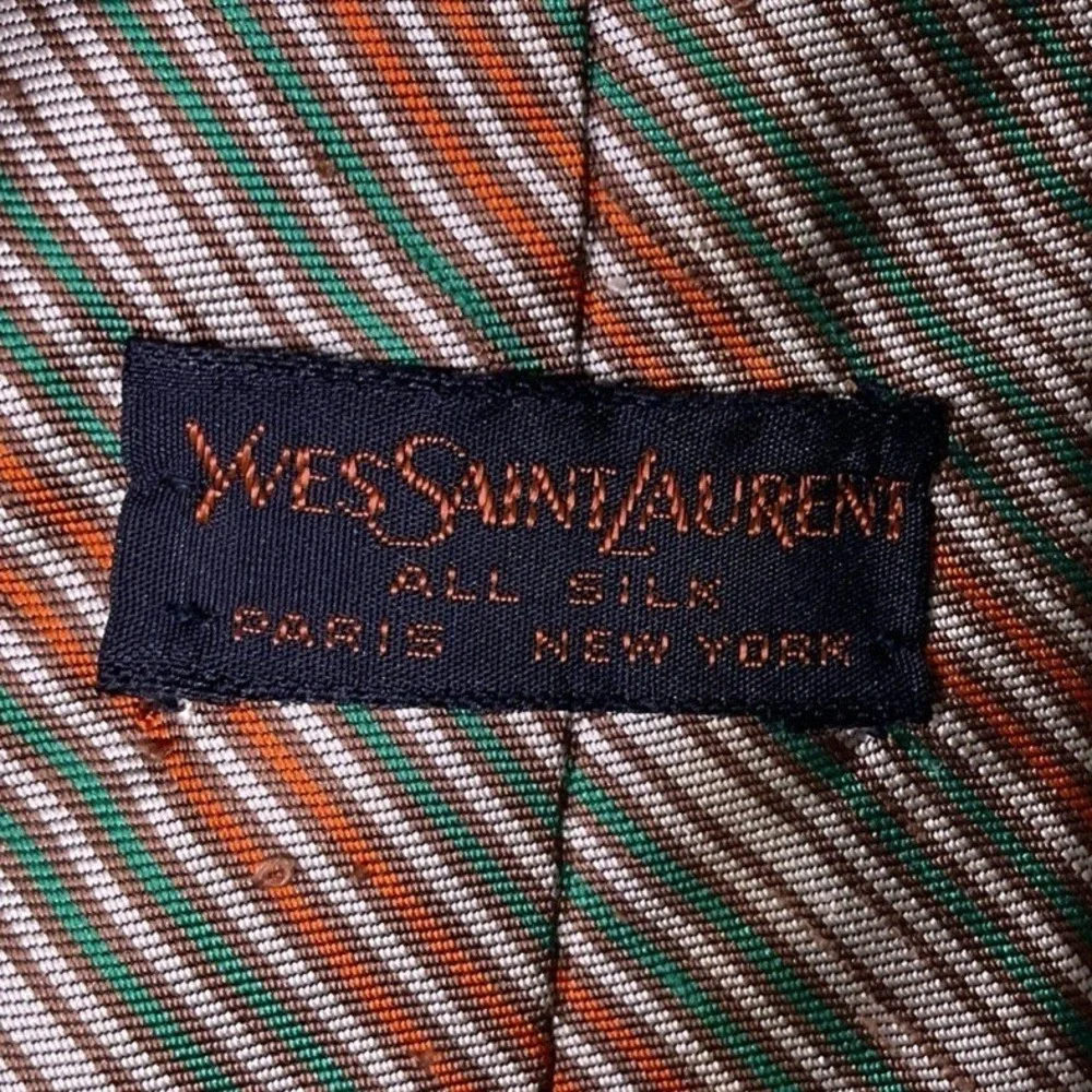 Vintage YVES SAINT LAURENT Beige Orange Green Striped Men's Tie Necktie